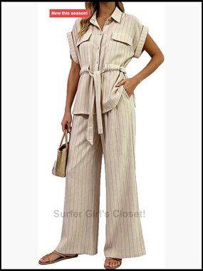Women's 2 Piece Linen Outfit Striped Button-Down Top and Wide Leg Pants Set
